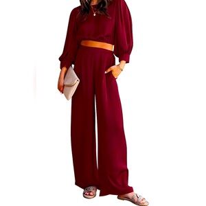 PRETTYGARDEN 2 Piece Satin Crop Tops Blouse/Palazzo Pants Set